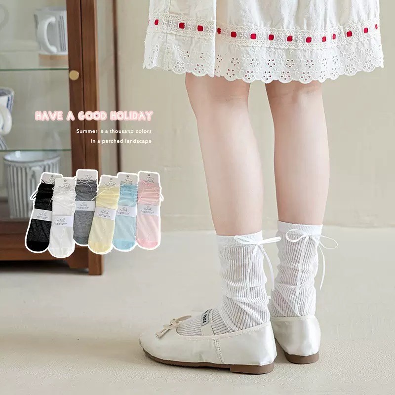 PRETTY BABY ถุงเท้าเด็ก ถุงเท้าผ้าร่อง แต่งโบว์ สีพาสเทล 4-18 ปี ใส่ได้ (1733)