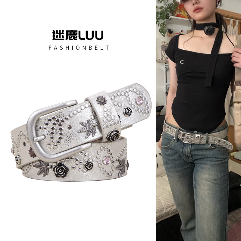 เข็มขัดสนาม Rivets y2k Silver Retro Design Niche Belt