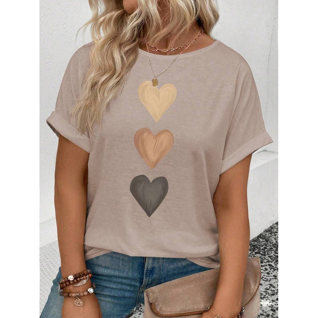 สตรีลําลองคอลูกเรือแขนสั้น Turnover Cuff Ombre หัวใจพิมพ์เสื้อยืดขนาดบวก,