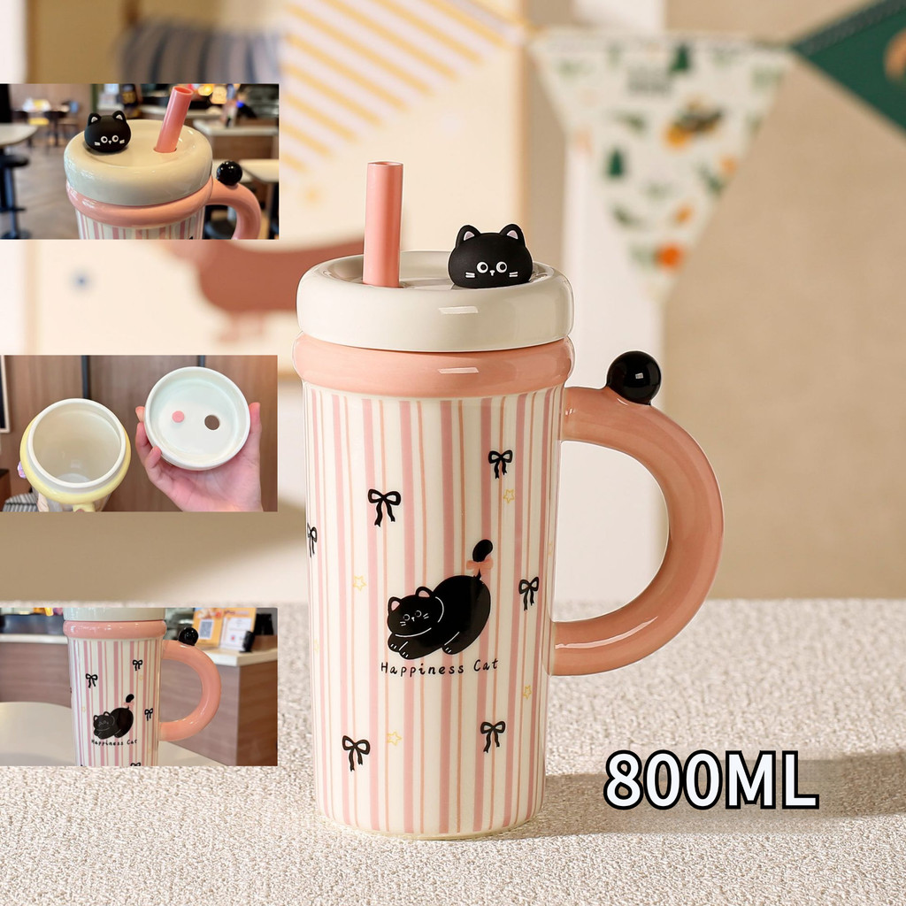 Aesthetic ชุดแก้วน้ําฟางการ์ตูนขนาดใหญ่ - แก้วเซรามิค Lidded ป้องกันฝุ่น สําหรับของขวัญ Home & Girls