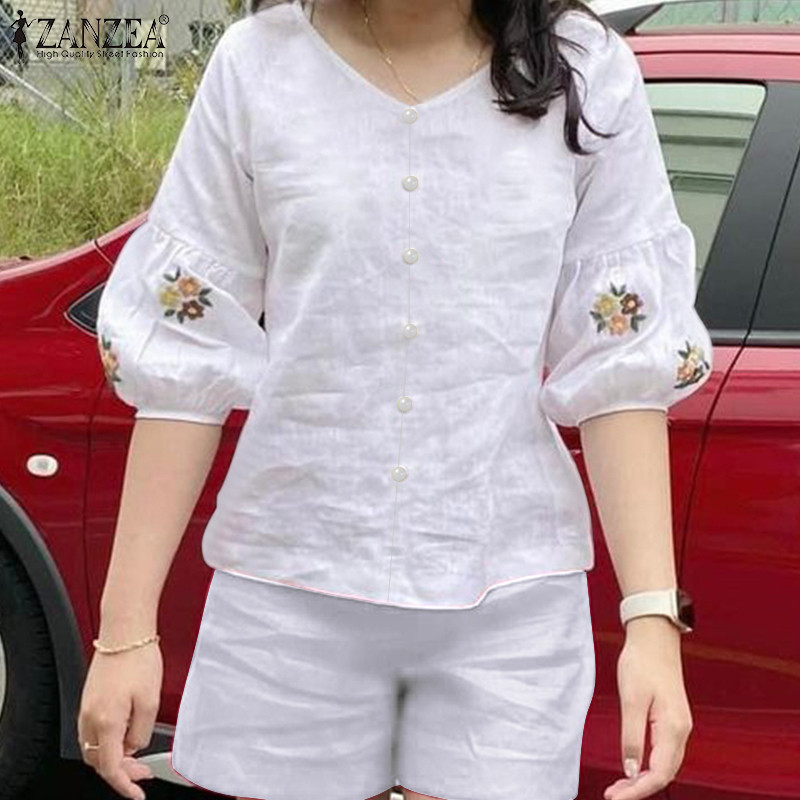 ZANZEA ซานเซีย ผู้หญิงเกาหลีแขนสามในสี่ดอกไม้คอวีเอวยางยืดท็อปส์กางเกงขาสั้น — صورة 5