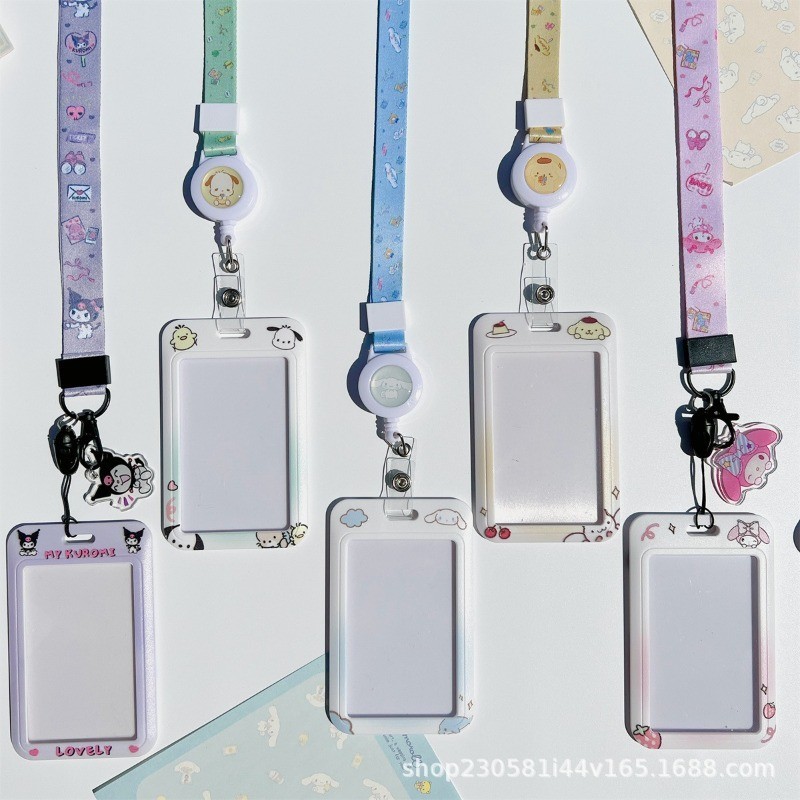 Hello Kitty Kuromi Melody การ์ตูน PVC ผู้ถือบัตร Sanrio อะนิเมะเชือกเส้นเล็ก ID เคสป้องกันแขวนคอ Anti-lost ฝาครอบ