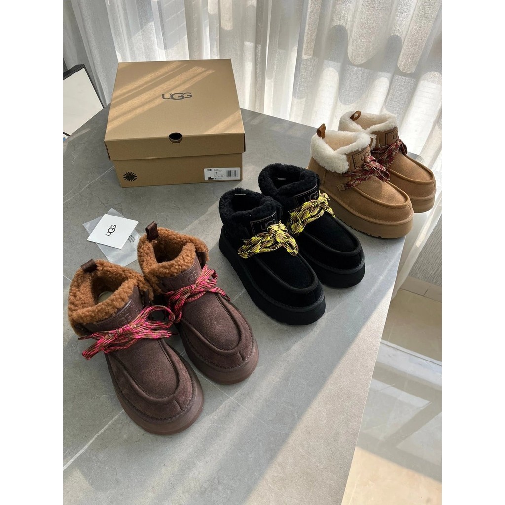 Ugg ฤดูใบไม้ร่วงฤดูหนาวสไตล์ใหม่ Fakara Lace-Up Snow Boots ผู้หญิงหนา Soled ขนสัตว์หิมะรองเท้าบูท