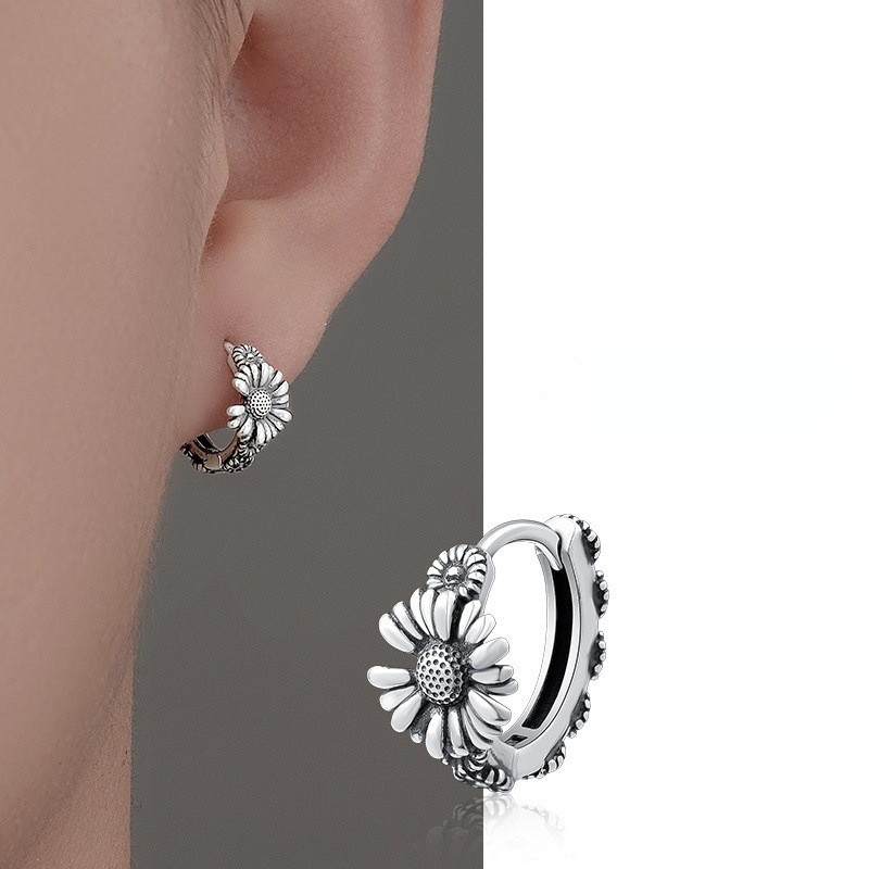Silver Sunflower Hypoallergenic Hoop ต่างหูของขวัญวันเกิดวันวาเลนไทน์สําหรับผู้ชายพ่อสามีแฟน