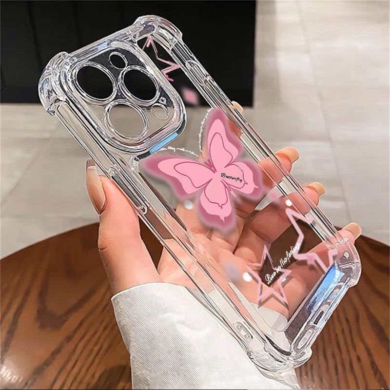 สีชมพูผีเสื้อกันชนเคสโทรศัพท์เข้ากันได้สําหรับiphone 15 14 13 12 11 Pro Max XS X XR 8 + 7 6 6S Plusปลอกใสนุ่มซิลิโคนกันกระแทกฝาครอบเซลล์Precticer