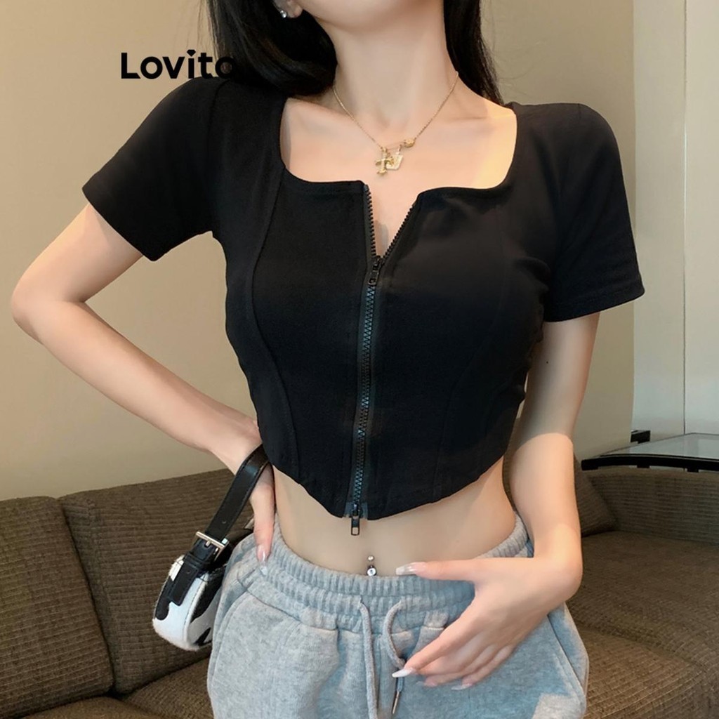 Lovito เสื้อยืดผู้หญิง มีซิป สีพื้น สไตล์ลำลอง LNE59569