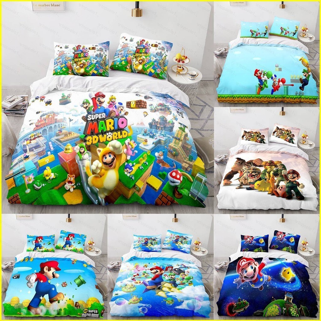 Bx Super Mario Bros 3IN1 ชุดเครื่องนอนชุดล้างทําความสะอาดได้ผ้าปูที่นอนผ้านวมปลอกหมอนหอพักห้องนอน