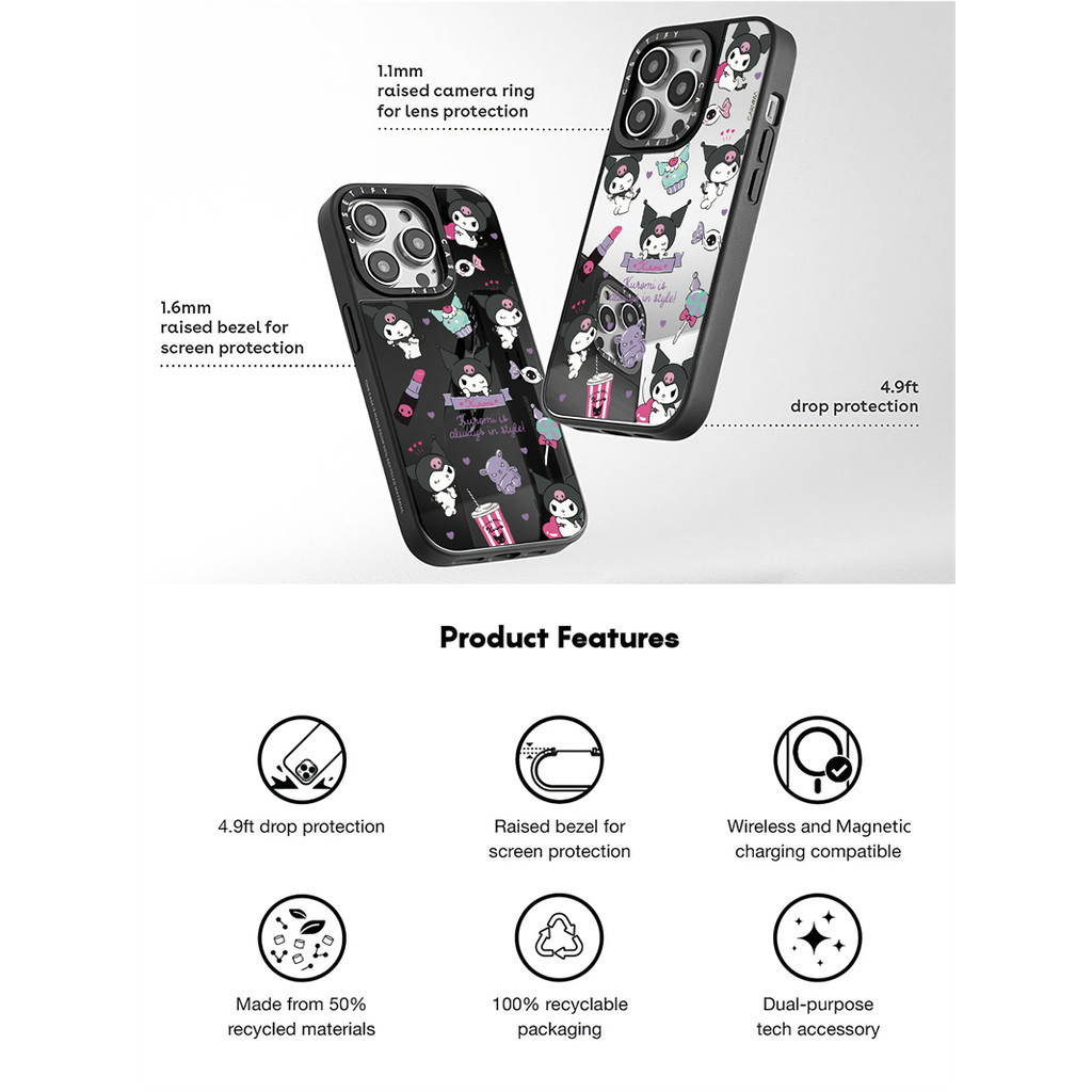 Casetify X Kuromi สติกเกอร์แม่เหล็กดูด Black & Sliver กระจก Matte สีดํา IPhone กรณี IPhone 15 14 13 12 Pro Max Plus Hard กลับกรณีฝาครอบกล่องแกะสลักโลโก้