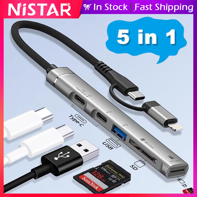Nistar Lightning + ประเภท C OTG อะแดปเตอร์ HUB สําหรับ USB C,5 IN 1 ประเภท C ถึง SD/TF การ์ดหน่วยความจํา/USB 3.0/HDD Reader พร้อมพอร์ตชาร์จสําหรับ iPhone 15 14 plus Pro max/HUAWEI mate 60 50/PC/แล็ปท็อป