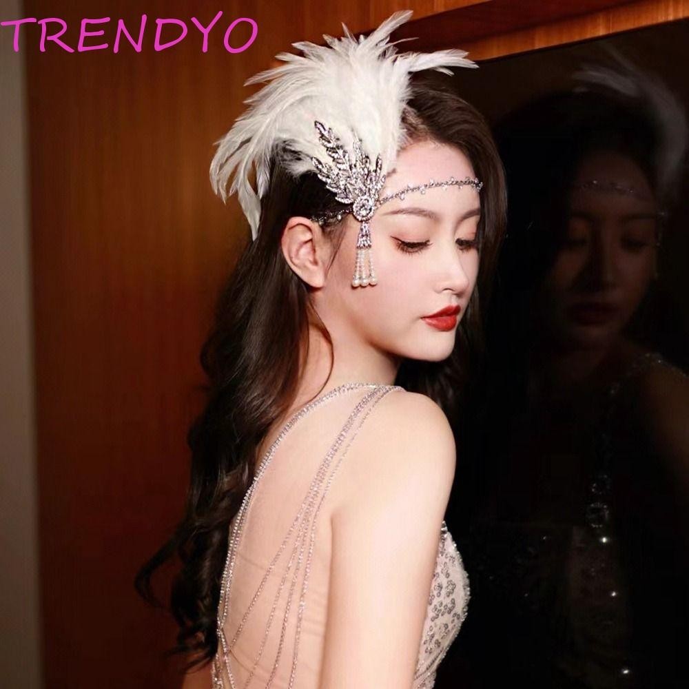 Trendyo Feather Headwear สาวผม Hoop ผู้หญิง Hairband ประณีตอุปกรณ์เสริมผมเพชรพู่ยาวคริสตัลแถบคาดศีรษะ Gatsby คอสเพลย์ชุด Headwear เลื่อมผม Band