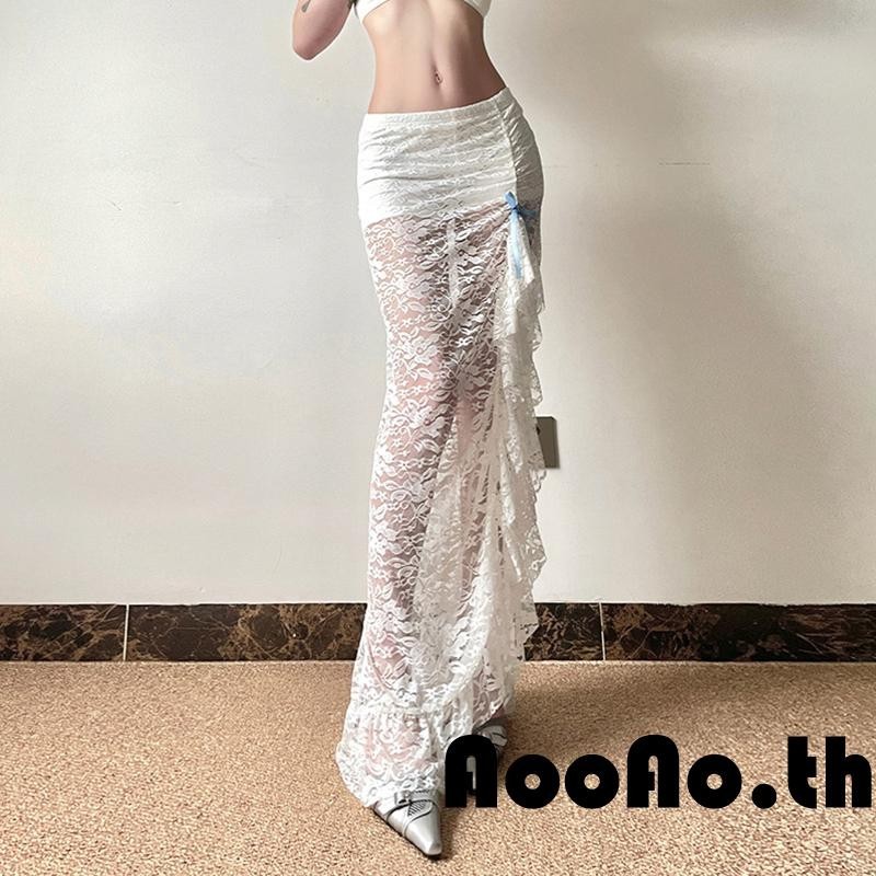 Aooao-กระโปรงยาวผู้หญิงไม่สม่ําเสมอกระโปรงดอกไม้เชียร์บาง