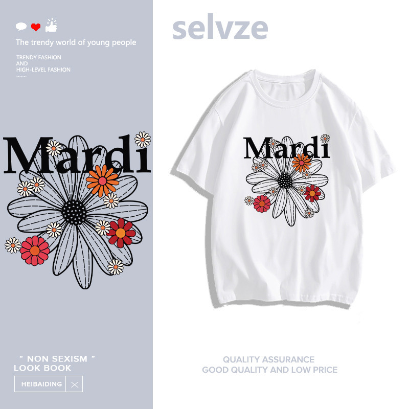 SELVZE（จัดส่งตลอด 24 ชั่วโมง）Printed T-shirt，ลายดอก ตัวอักษรแฟชั่นสบายๆ พิมพ์เสื้อยืดแขนสั้นหลวม T000432