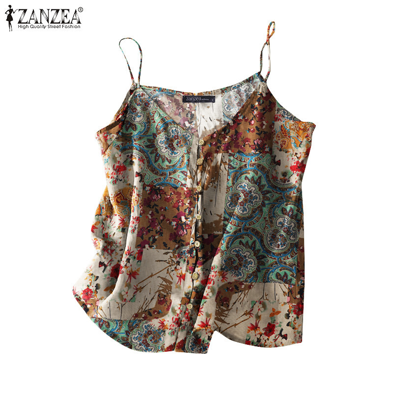 ZANZEA ซานเซีย ผู้หญิงเกาหลีลําลองแขนกุดคอวีการพิมพ์ถังทุกวัน