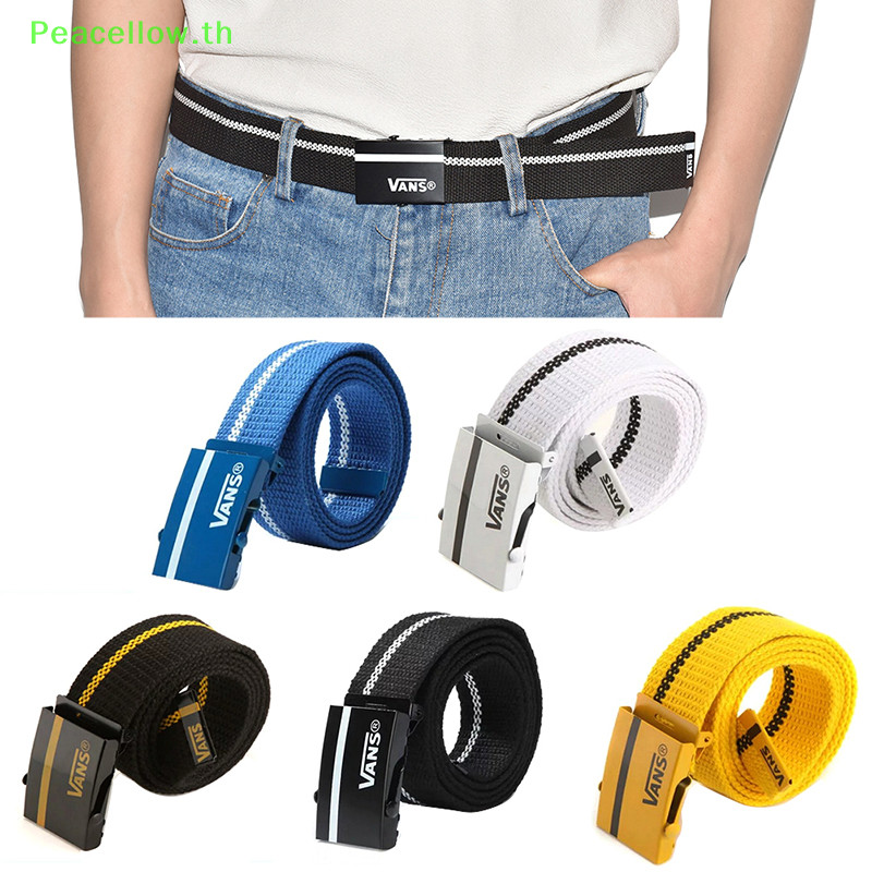 Peacellow VANS เข็มขัดผ้าแคนวาสผ้าเรียบง่ายลําลอง Letter Fashion เข็มขัดลายทาง TH