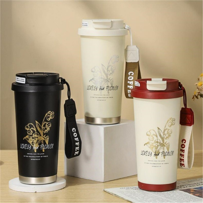 550ml Lily of The Valley ดอกไม้แก้วเก็บความร้อน 316 สแตนเลสฉนวนกระติกน้ําสูญญากาศเครื่องดื่มคู่ถ้วยแก้วถ้วยกาแฟดอกไม้พร้อมที่จับออกแบบ