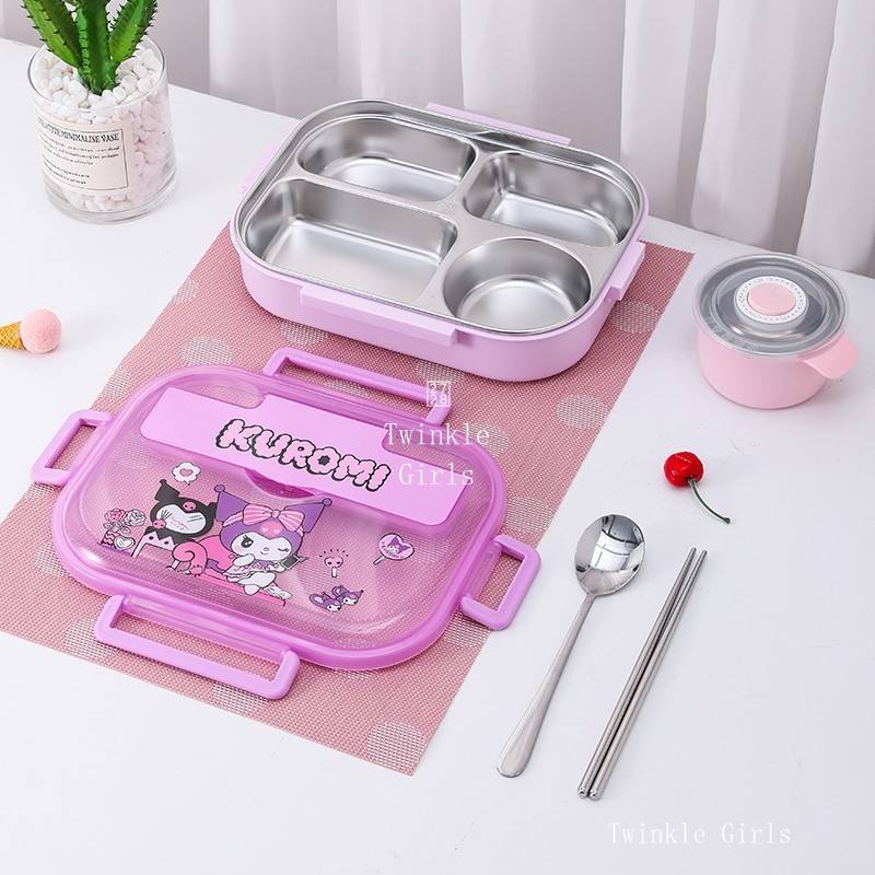 ฟรีชามซุป+บนโต๊ะอาหารน่ารักKuromi Cinnamoroll 304สแตนเลสกล่องอาหารกลางวันKitty Pochaccoนักเรียนแยกความจุขนาดใหญ่กล่องเบนโตะบนโต๊ะอาหารสาวของขวัญ