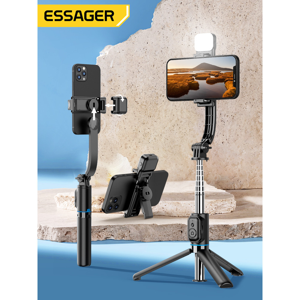 Essager ไม้เซลฟี่บลูทูธไร้สาย ขาตั้งกล้อง แบบพกพา พับได้ พร้อมไฟเติม สําหรับโทรศัพท์ Android iPhone