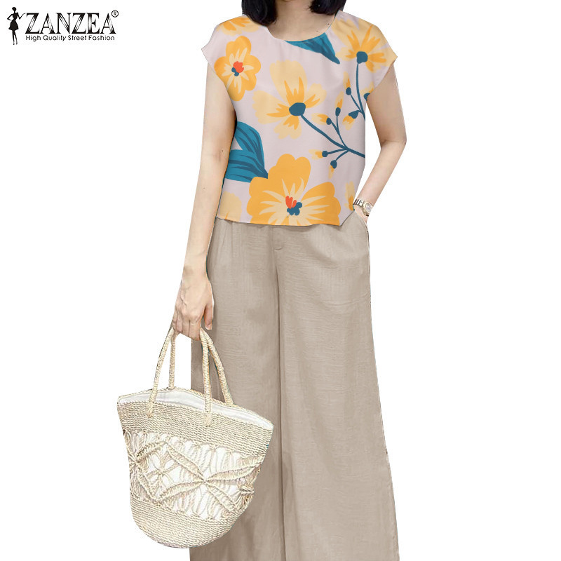 ZANZEA ใส่ ซานเซีย ผู้หญิงเกาหลีกระเป๋าข้อเท้าความยาวเอวยางยืดดอกไม้พิมพ์ท็อปส์กางเกง