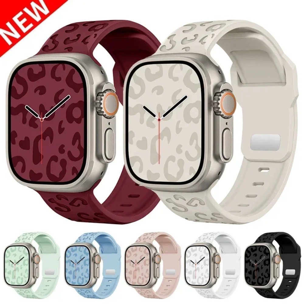 แกะสลักเสือดาว สายรัดซิลิโคนสร้อยข้อมือ สําหรับ Apple Watch Series 9/8/7/6/5/4 ขนาด 49/45/44/42/41/40 มม.