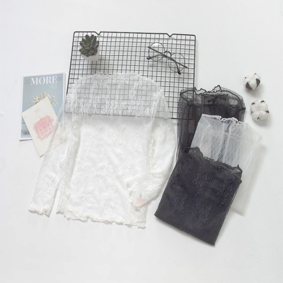 สาวลูกไม้ จุดต่ําสุด เสื้อเกาหลีใหม่ครีมกันแดดบางลูกไม้เด็กผ้ากอซด้านบนหญิงเจ้าหญิงแขนยาวเสื้อยืดอินเทรนด์