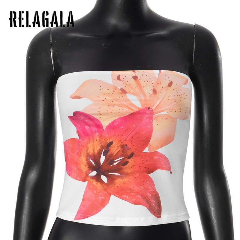 RelaGala ผู้หญิงแฟชั่นใหม่ Casual Simple ดอกไม้พิมพ์ปิดไหล่ Slim Tube Top — صورة 6