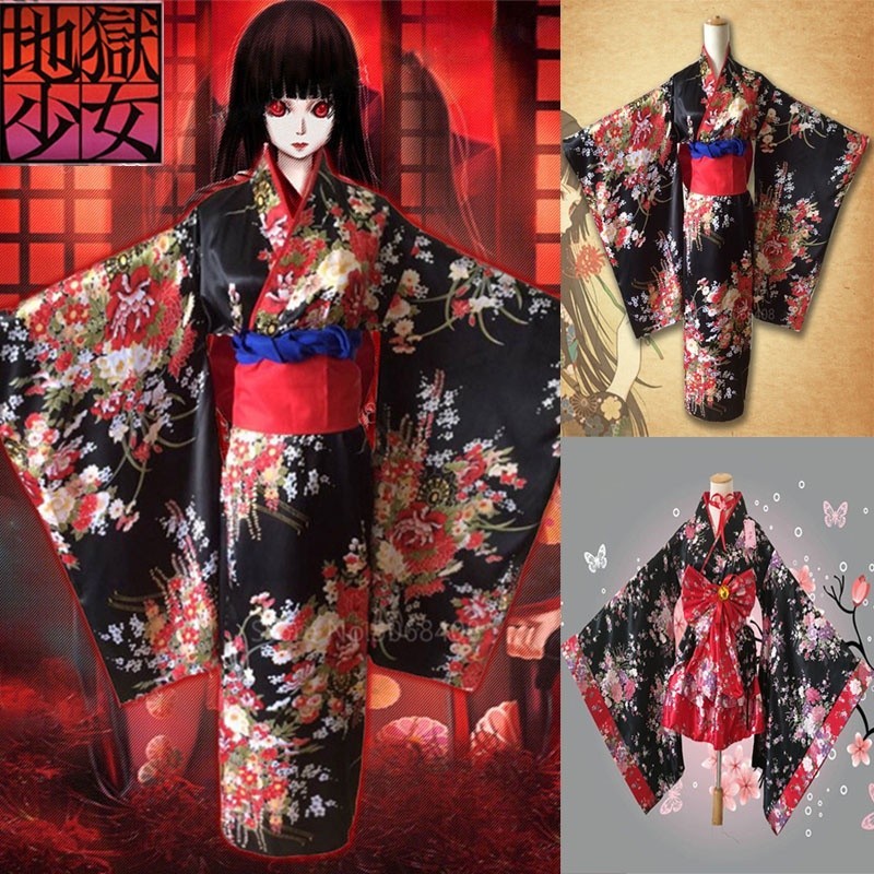 [ZST] Anime Hell Girl ชุดคอสเพลย์ Obi Haori Vintage Floral Robe Stage ชุดแฟนซีชุดกิโมโนญี่ปุ่น