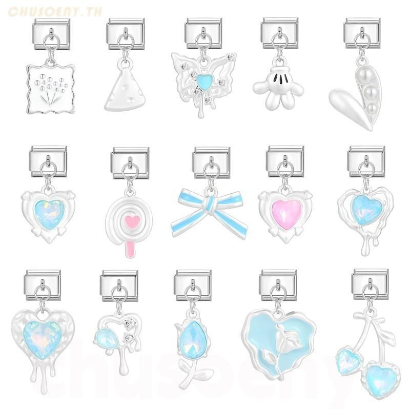 2024 ใหม่แฟชั่นจี้สีฟ้า Sliver Heart Bow Charm อิตาเลี่ยน Links Fit 9 มม.สร้อยข้อมือเครื่องประดับสแตนเลส DIY ทํา
