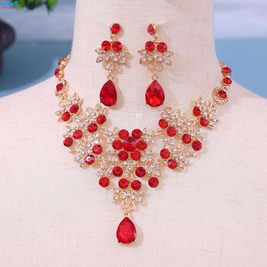 เจ้าสาวเต็ม Rhinestones สร้อยคอต่างหูชุดประกายสีสัน Rhinestones ชุดเครื่องประดับ