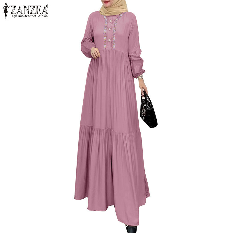 Zanzea ผู้หญิงมุสลิมแฟชั่นแขนโคมไฟปัก Patchwork Layered A Hem Dresses