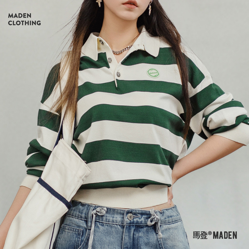 Maden Retro Contrast สีลาย POLO คอยาวเสื้อยืดแขนยาวถัก Casual All-Match Top Slimmer ดู