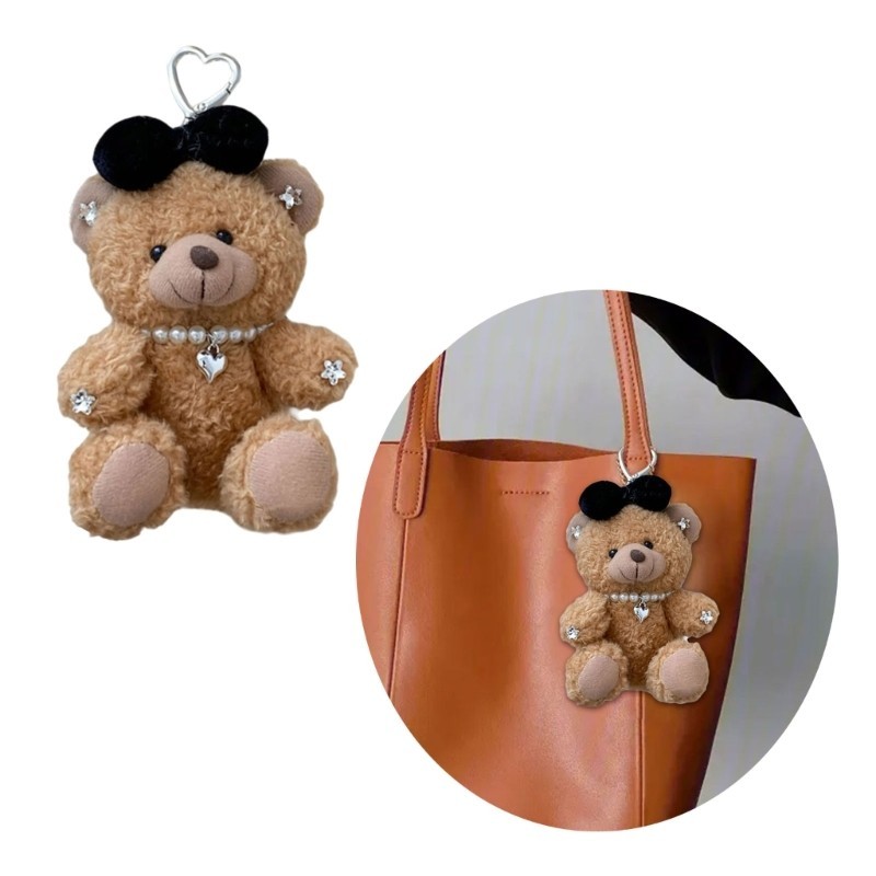 Lu Cute Bowknot Plush Bear พวงกุญแจตุ๊กตาสัตว์ยัดไส้นุ่ม Key Charm สําหรับกระเป๋าและคีย์