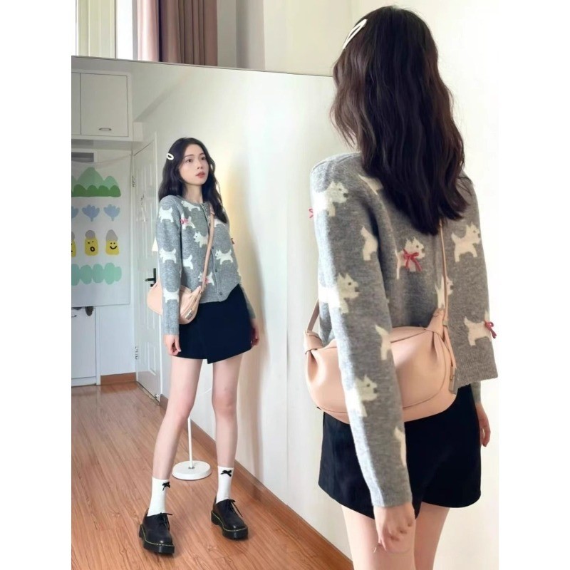 🎀Mona🎀คาร์ดิแกน คอกลม ผ้าถัก แขนยาว พิมพ์น่ารัก แฟชั่นเวอร์ชั่นเกาหลี