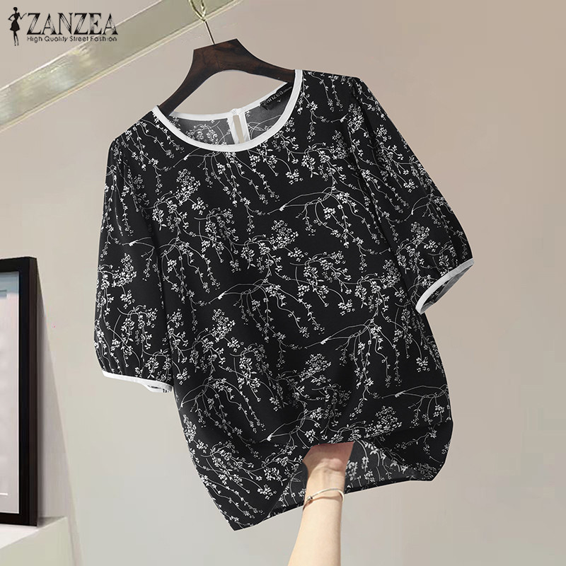 ZANZEA ซานเซีย ผู้หญิงเกาหลีลําลองคอลูกเรือแขนสั้นเสื้อพิมพ์หลวม