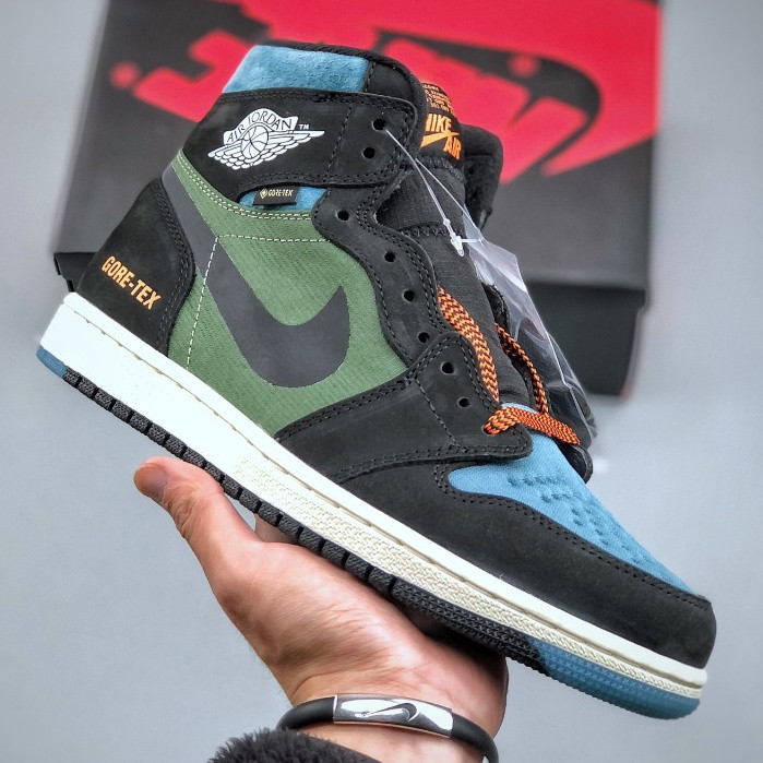 Shoesair A/J board 1 องค์ประกอบสูง Gore-Tex สีดํามะกอกรองเท้าผ้าใบลําลองDB2889-003