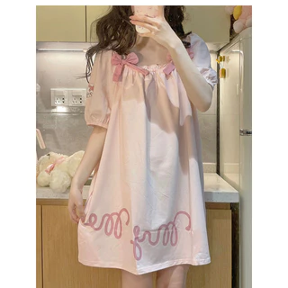 น่ารัก Melody ชุดนอนแขนสั้นผู้หญิง Influencer ฤดูร้อน Sweet Nightdress Casual บางสบาย Homewear