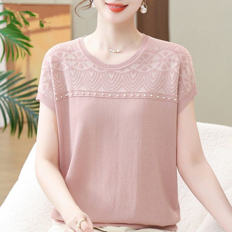 ผ้าไหมน้ําแข็งถักเสื้อขนาดบวกผู้หญิงฤดูร้อนสไตล์เกาหลีหลวมกลวงแขนสั้นเสื้อยืด