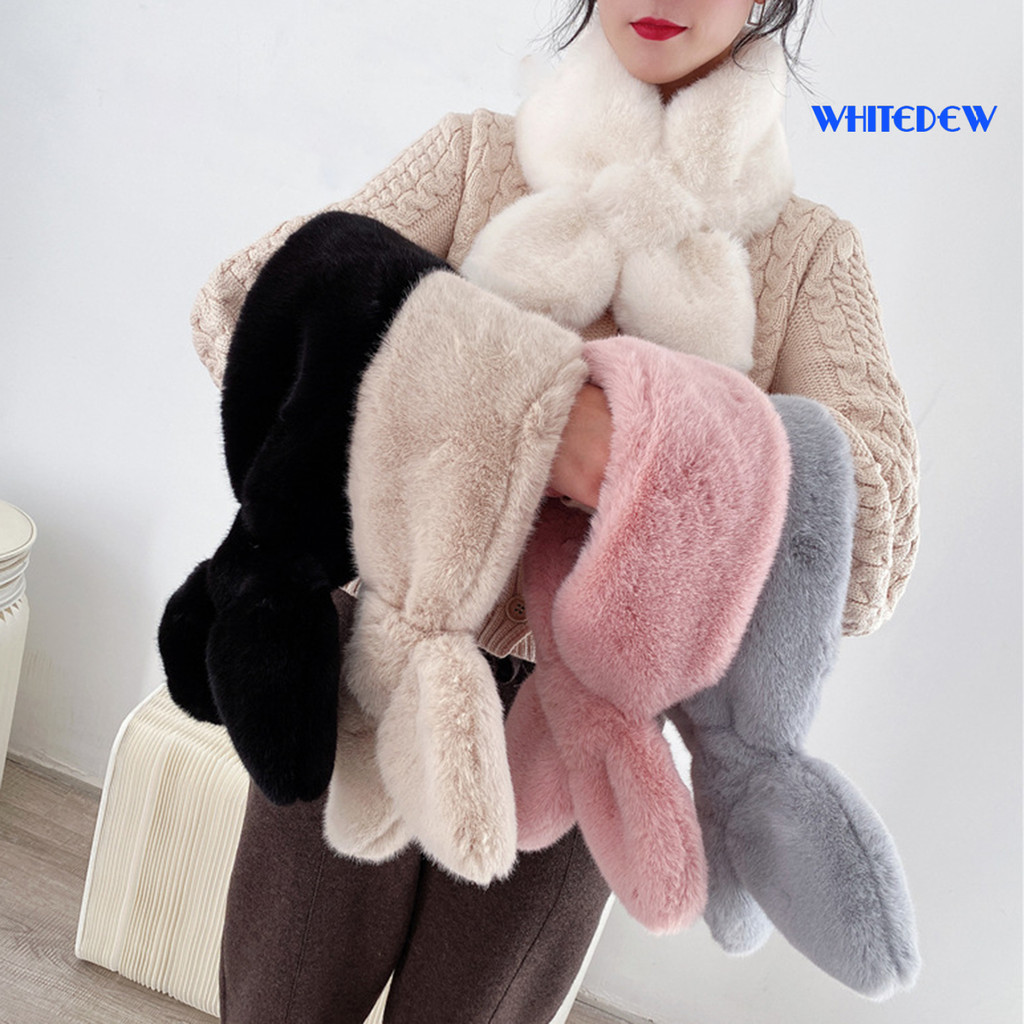 WHT-ผู้หญิงผ้าพันคอสีทึบ Cross Soft Cozy หนาอุ่น Faux Rex กระต่ายขนสัตว์น้ําหนักเบาคอ Wrap สําหรับจั