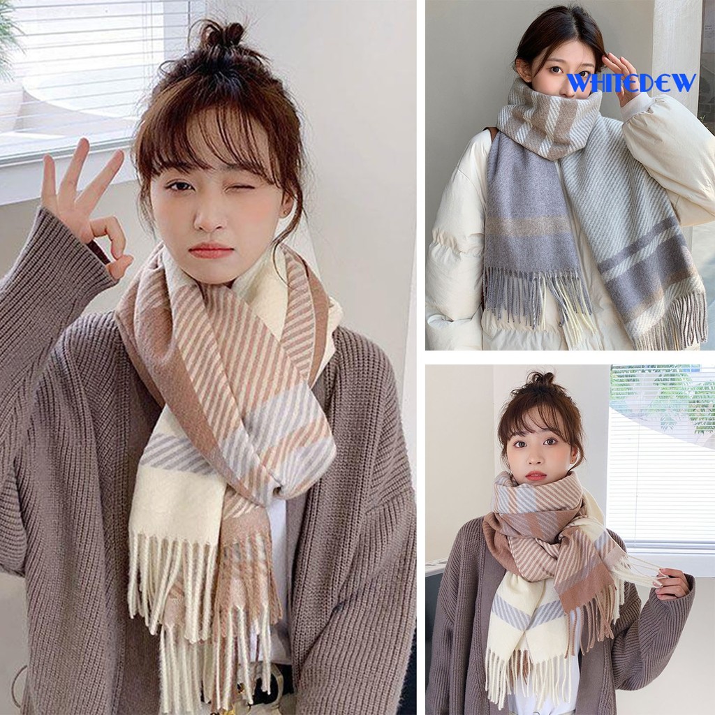 WHT-ผู้หญิงฤดูหนาวผ้าพันคอลายการจับคู่สีพู่น้ําหนักเบาล้างทําความสะอาดได้นุ่มกว้างยาวหนา Warm Windro