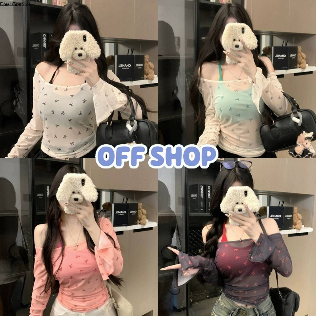 OFF SHOP สายเดี่ยวคล้องคอครอป/เสื้อแขนยาวลายโบว์สไตล์เกาหลี สีสดใส( FY6876-L/FYQ7172)