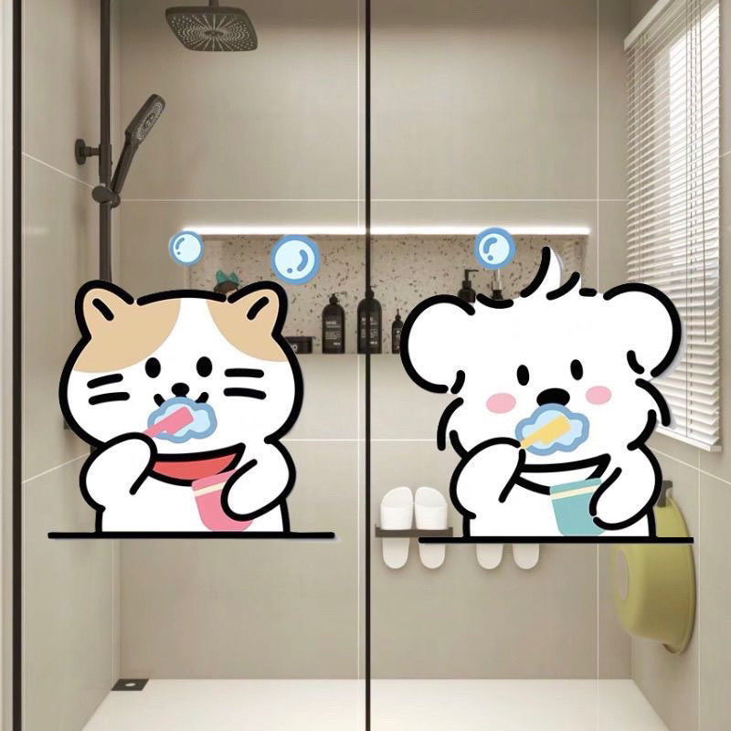 การ์ตูนการ์ตูนแมวห้องน้ําห้องน้ํากระจกประตูสติกเกอร์ร้านขายสัตว์เลี้ยงสติกเกอร์หน้าต่างห้องครัวระเบียงตกแต่งสติกเกอร์