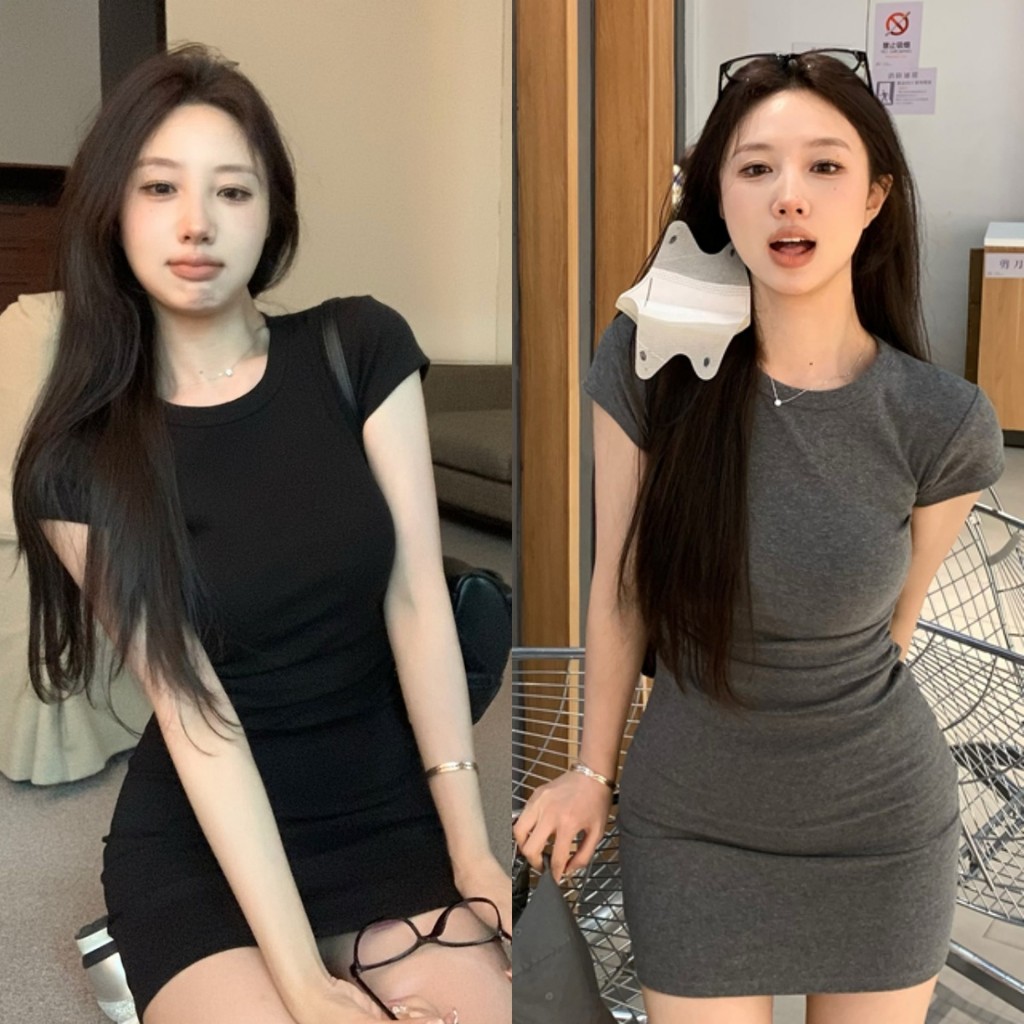 Bella shop ชุดเดรสสั้นรัดรูปสไตล์เกาหลี เดรสสาวอวบอ้วน เดรสพลีทรัดรูปช่วงหน้าร้อน