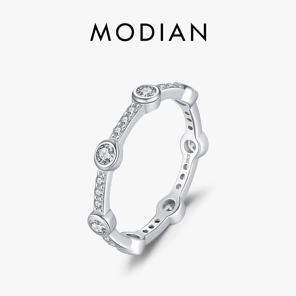 Modian Stackable แหวน 925 เงินสเตอร์ลิงแฟชั่นประกายรอบ CZ Eternity Band แหวนสําหรับผู้หญิงเครื่องประดับ Fine