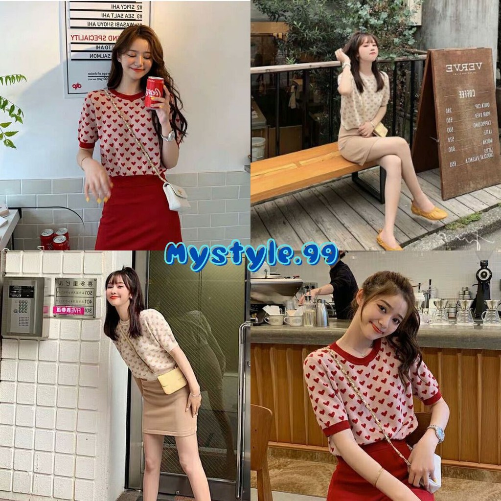 📢mystyle.99📢 เสื้อไหมพรมลายหัวใจ ใส่สบาย ฟรีไซส์ #A55