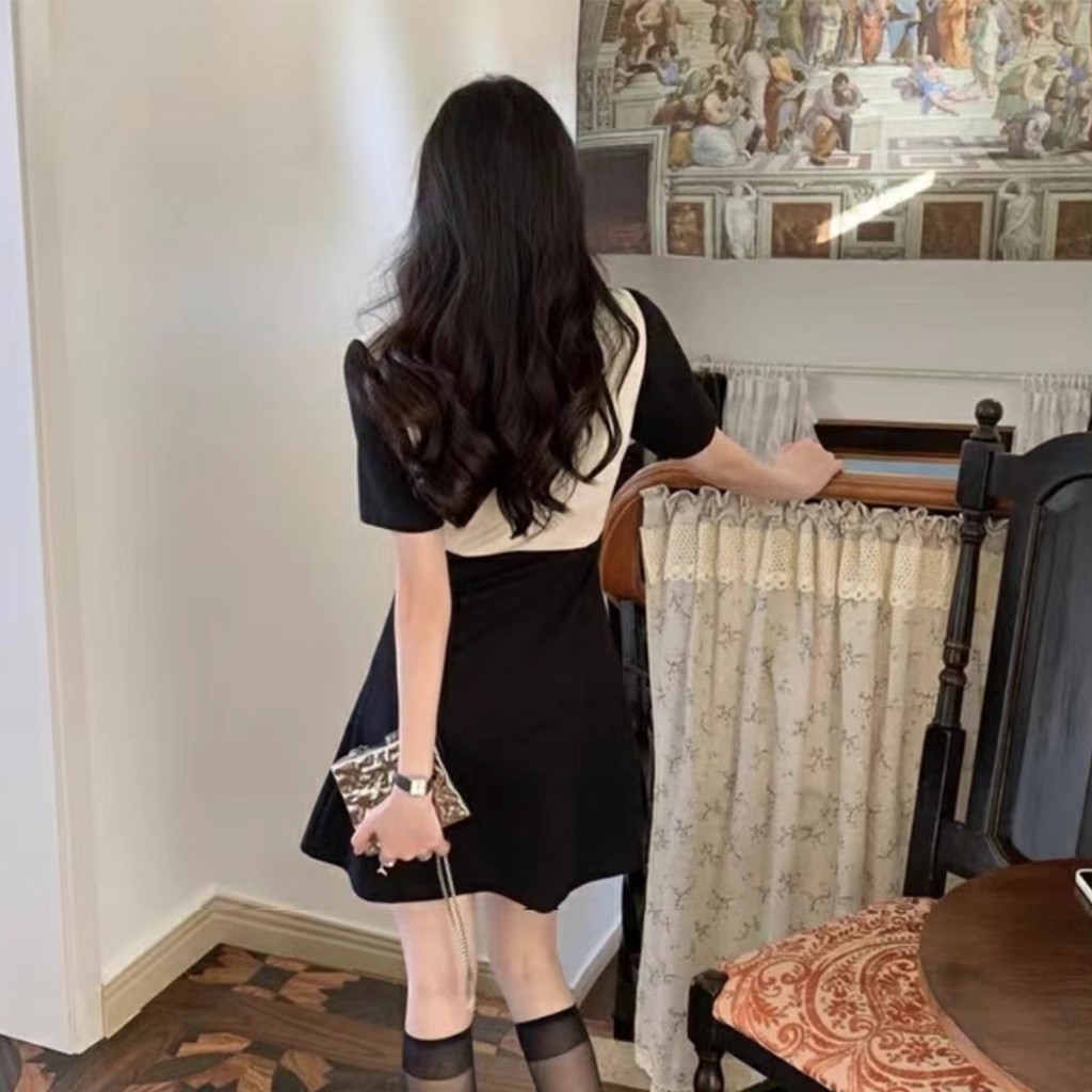 เดรสตัดต่อสไตล์ฝรั่งเศส ปกปอโล ใหม่ล่าสุด สำหรับฤดูร้อน ขายาว เปิดข้าง
