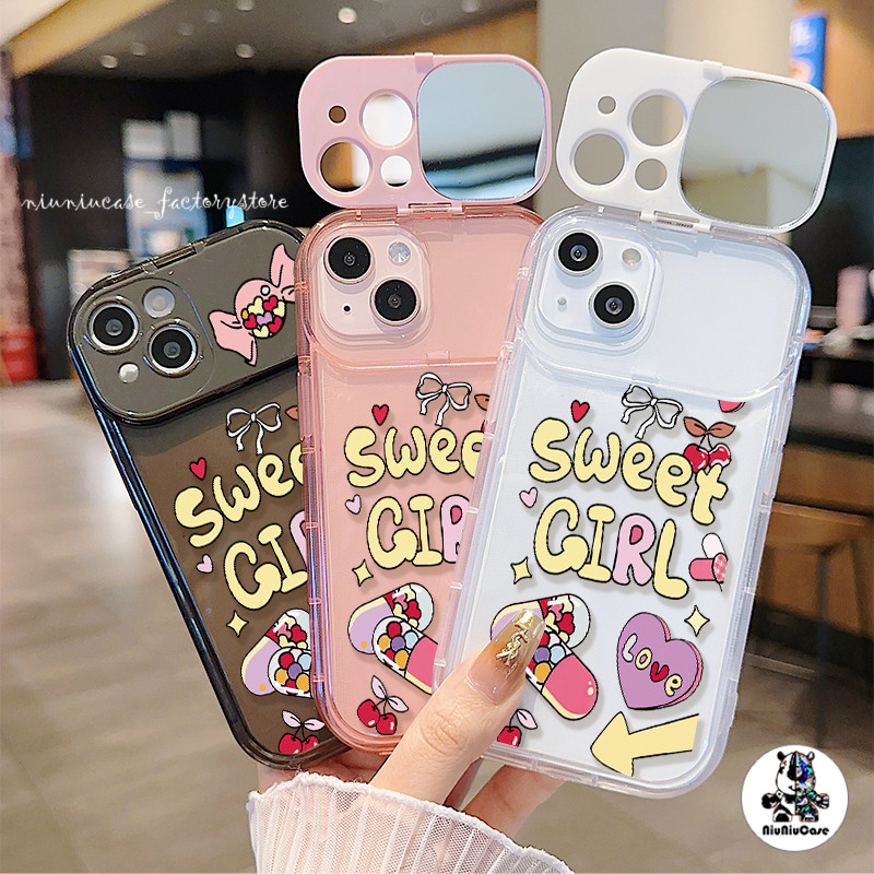 ส่งจากไทย น่ารักสีสันสดใสพร้อมกระจกแต่งหน้าสำหรับ iPhone 11 15 14 13 12 Pro MAX 7 8 14 Plus XR X XS MAX เคส Sweet Candy