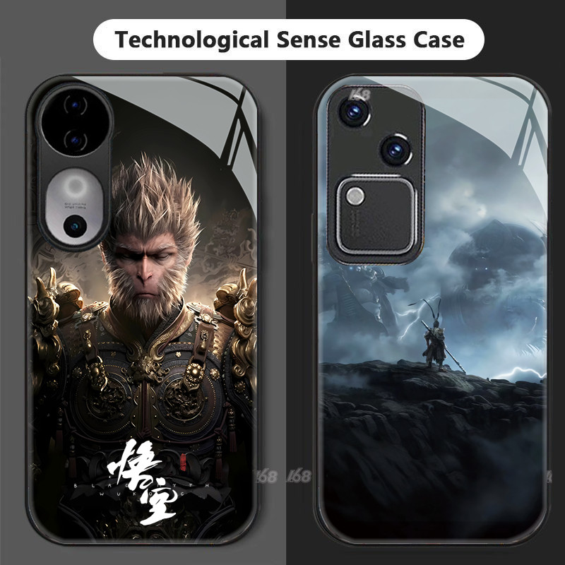 เคส Vivo V40 V30 5G เคส Vivo V40 V30 Pro อะนิเมะสีดําตํานาน Wukong กันกระแทกพร้อมเลนส์ป้องกันกล้องหรูหราของเหลวแก้วเกมโทรศัพท์สําหรับเด็กผู้ชายผู้ชาย