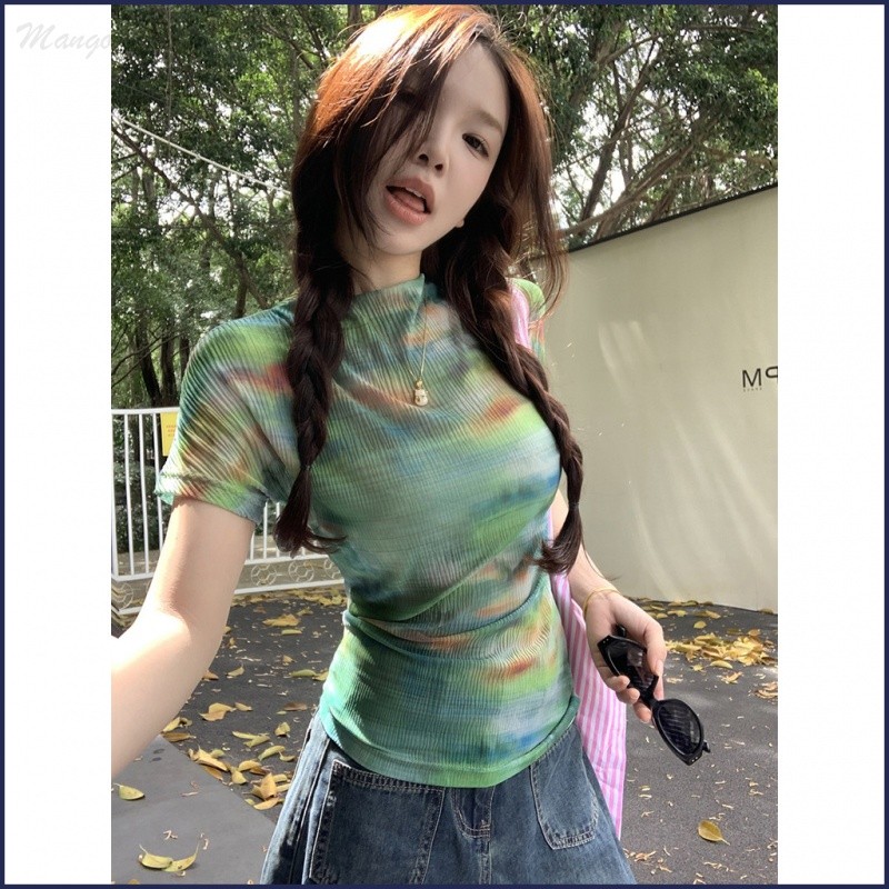 สีเขียว Tie-Dye แขนสั้นผ้ากอซเสื้อยืดผู้หญิงสไตล์เกาหลี Niche Non-Collision Sli