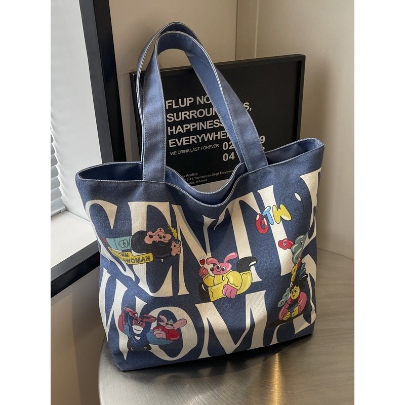 ความจุขนาดใหญ่ Gentle Woman Canvas Tote Bag 2024 New Cartoon Letter Casual All-Match Shoulder Bag