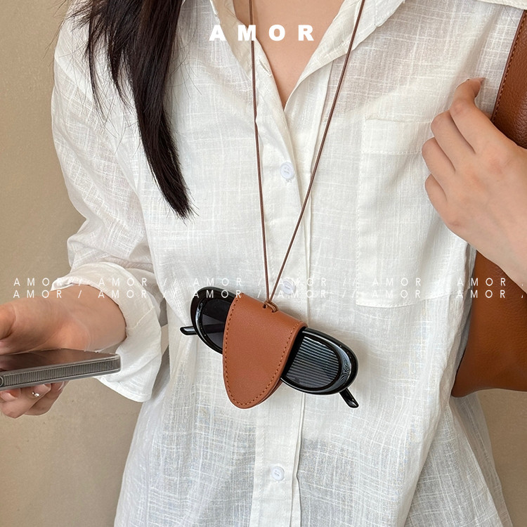 Neck mounted magnetic multifunctional leather sunglasses clip necklace for women's outdoor travel portable glasses storage lanyard accessories