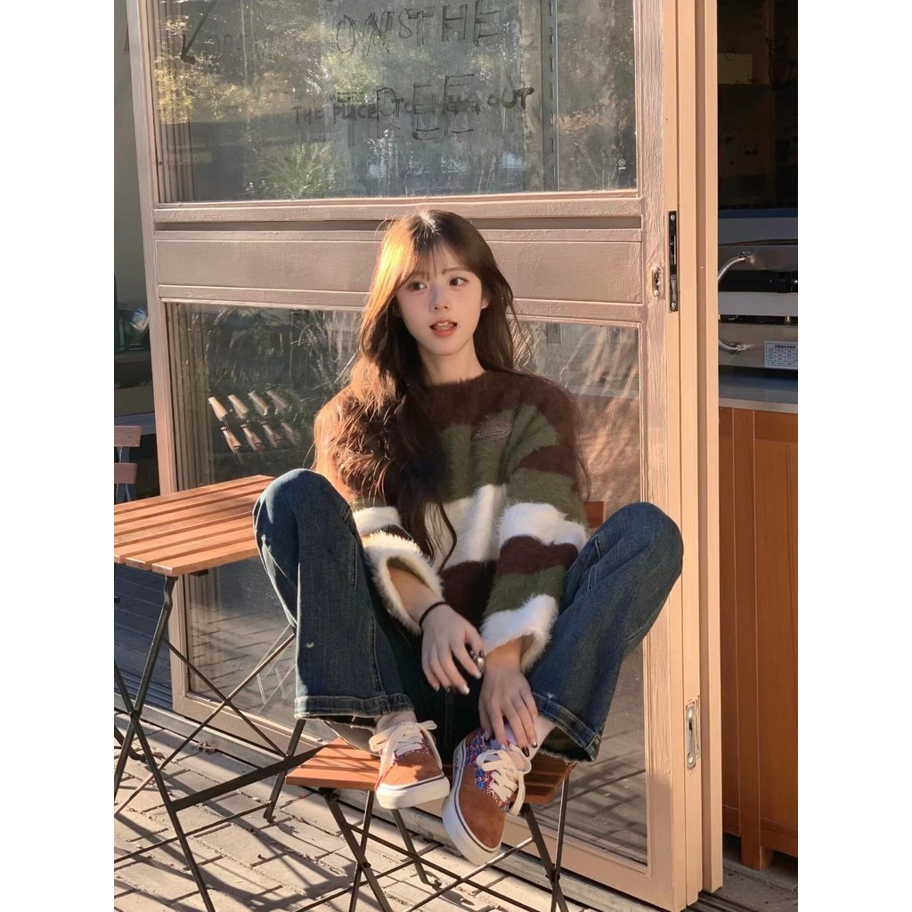 ❤️【สินค้าพร้อม】❤️ อเมริกันมิงค์ผมสีคมชัดลายเสื้อกันหนาวผู้หญิงหลวมรอบคอเสื้อสวมหัวเสื้อแขนยาว - รูปที่ 4